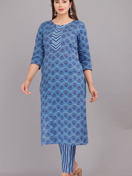 Blue Printed Cotton Kurta Set