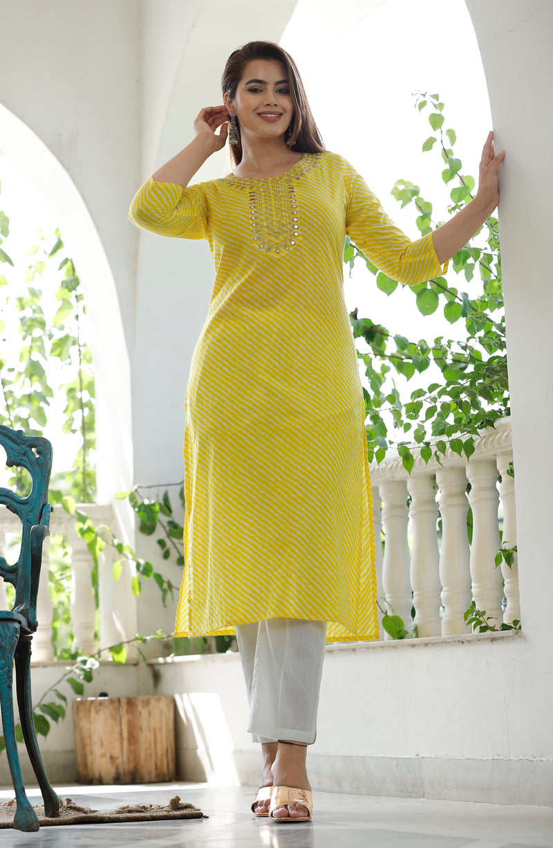Yellow Printed Cotton Kurta Set