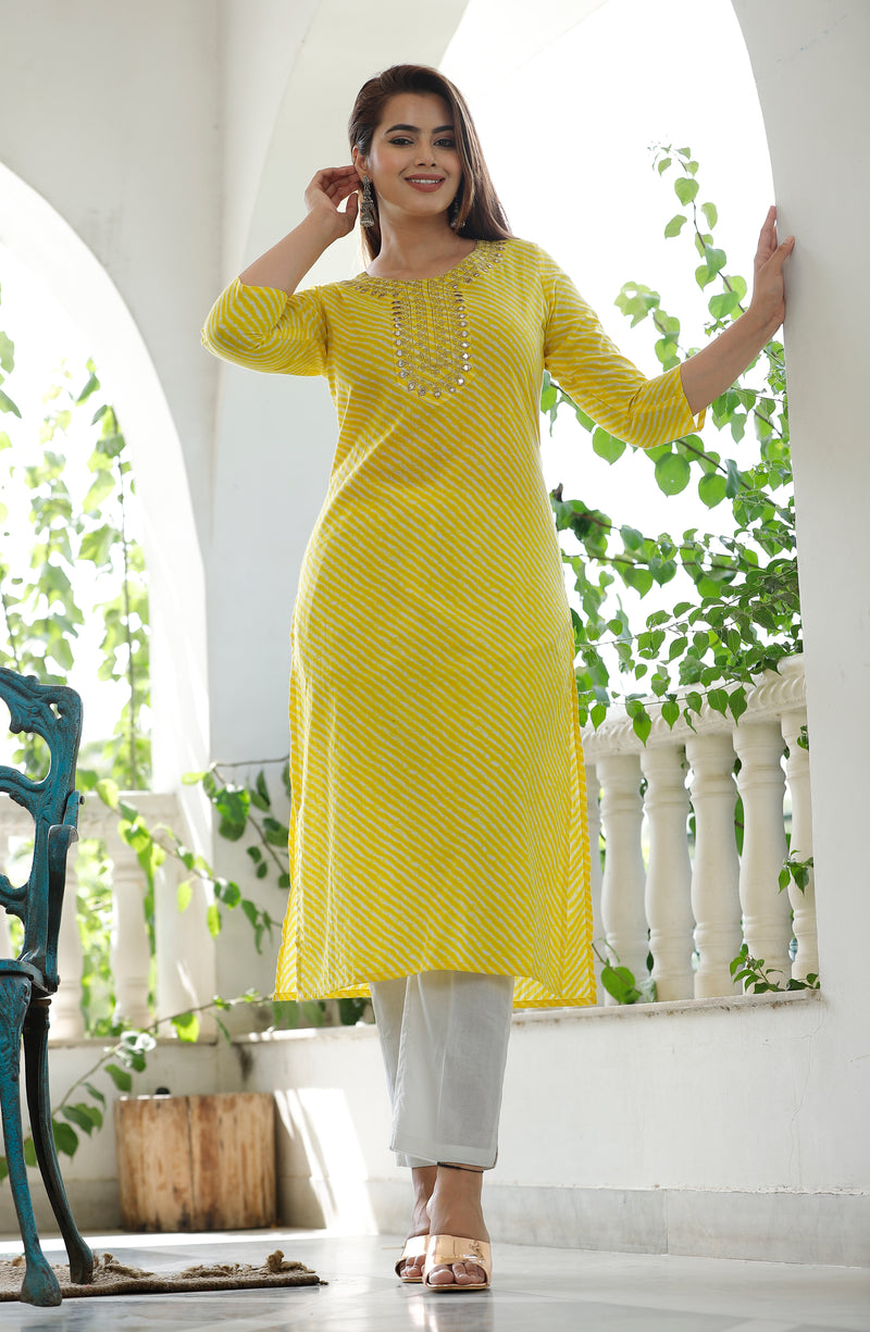 Yellow Lehriya Printed Cotton Kurta Set