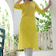 Yellow Lehriya Printed Cotton Kurta Set