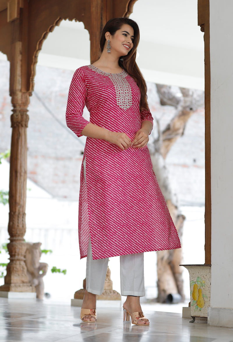 Pink Printed Cotton Kurta Set