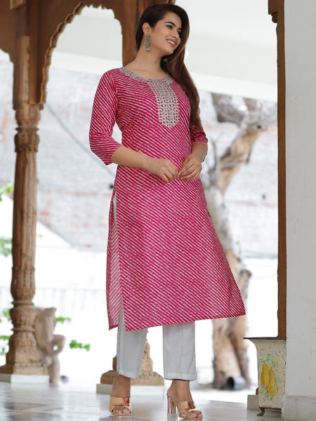 Pink Printed Cotton Kurta Set