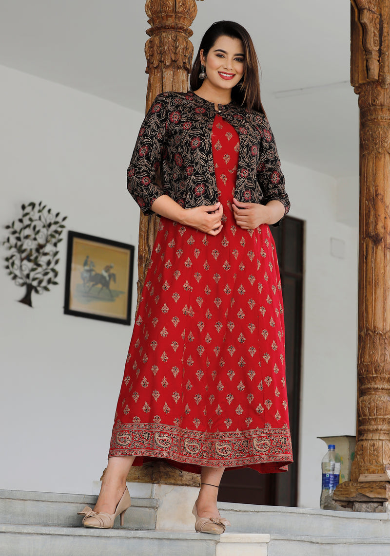 Red Printed Rayon Flared Dress for Women