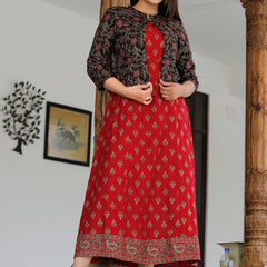 Red Printed Rayon Flared Dress for Women