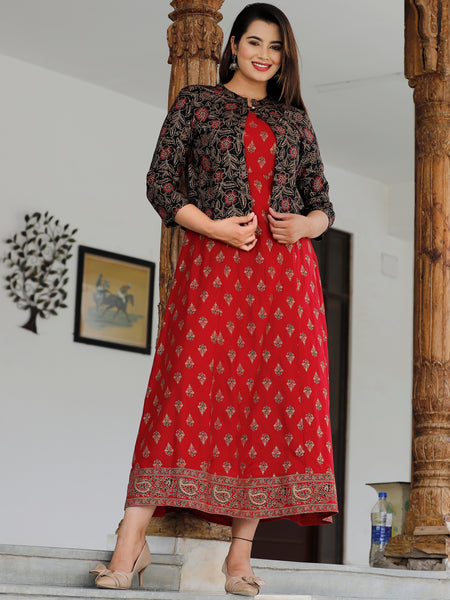 Red Printed Rayon Flared Dress for Women