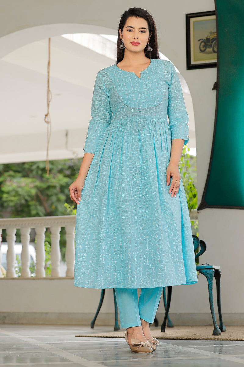 Sky Blue Printed Cotton Flared Dress for Women