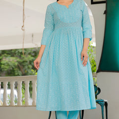 Sky Blue Printed Cotton Flared Dress for Women