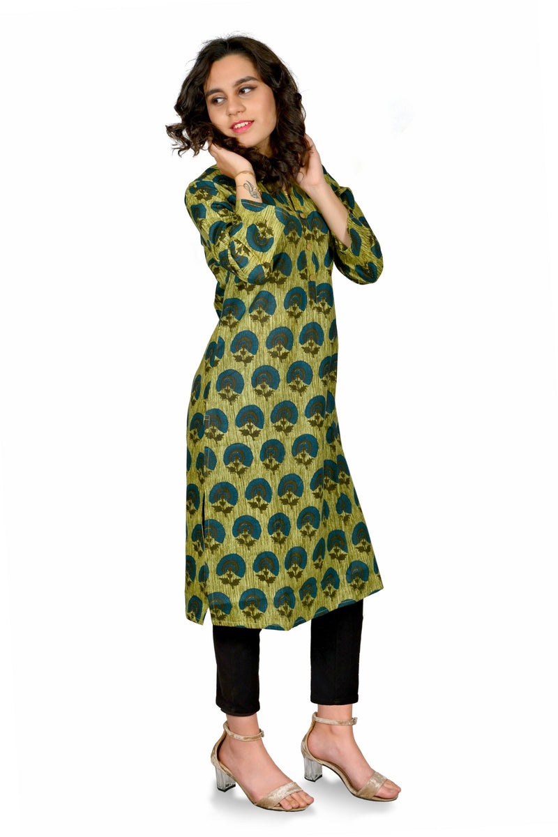 Women Olive Green Printed Cotton Kurta