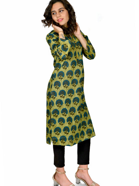 Women Olive Green Printed Cotton Kurta
