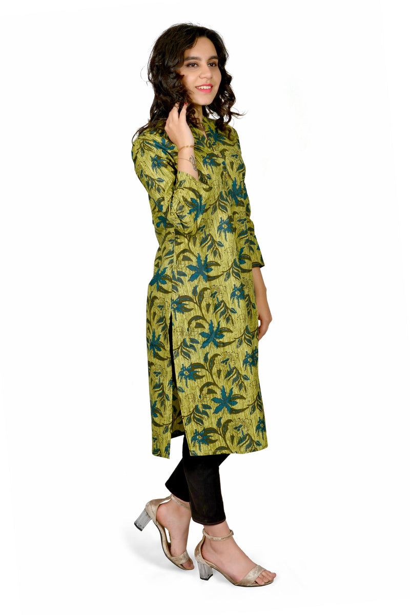 Green Printed Cotton Long Kurta for Women