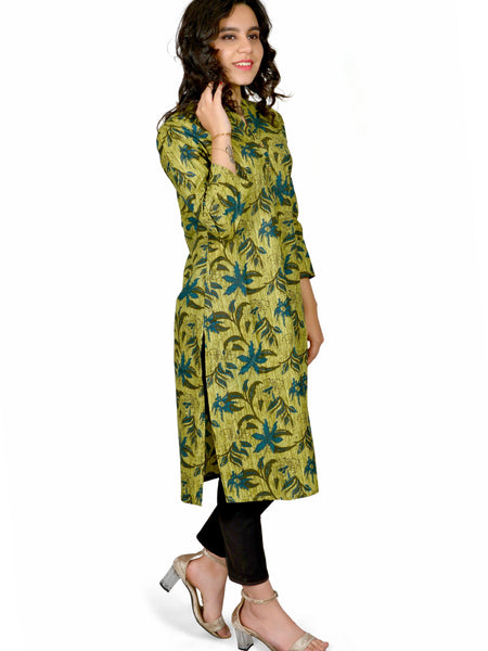 Green Printed Cotton Long Kurta for Women