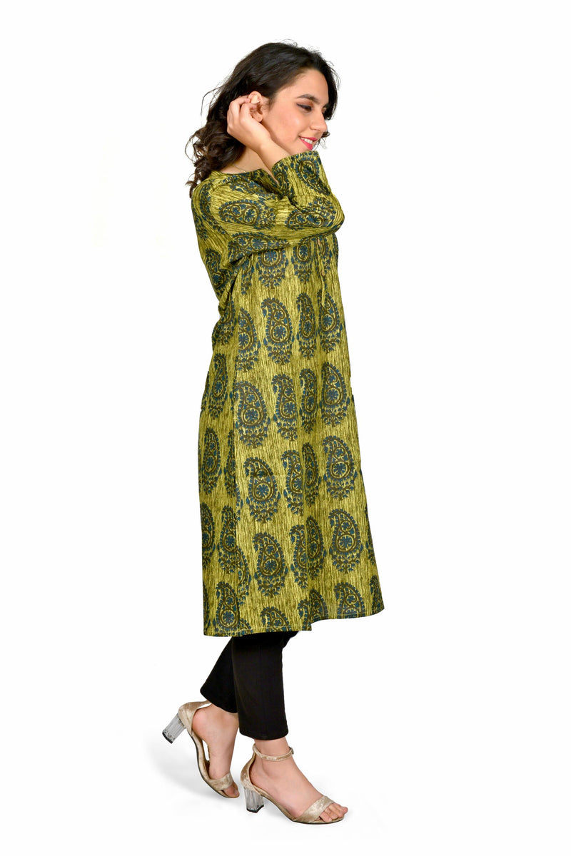 Green Printed Cotton Long Kurta for Women
