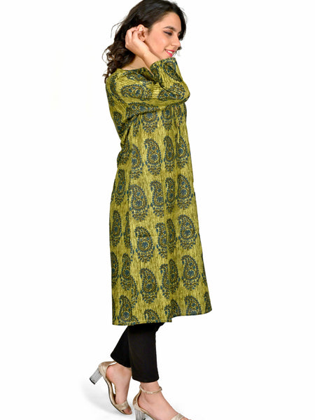 Green Printed Cotton Long Kurta for Women