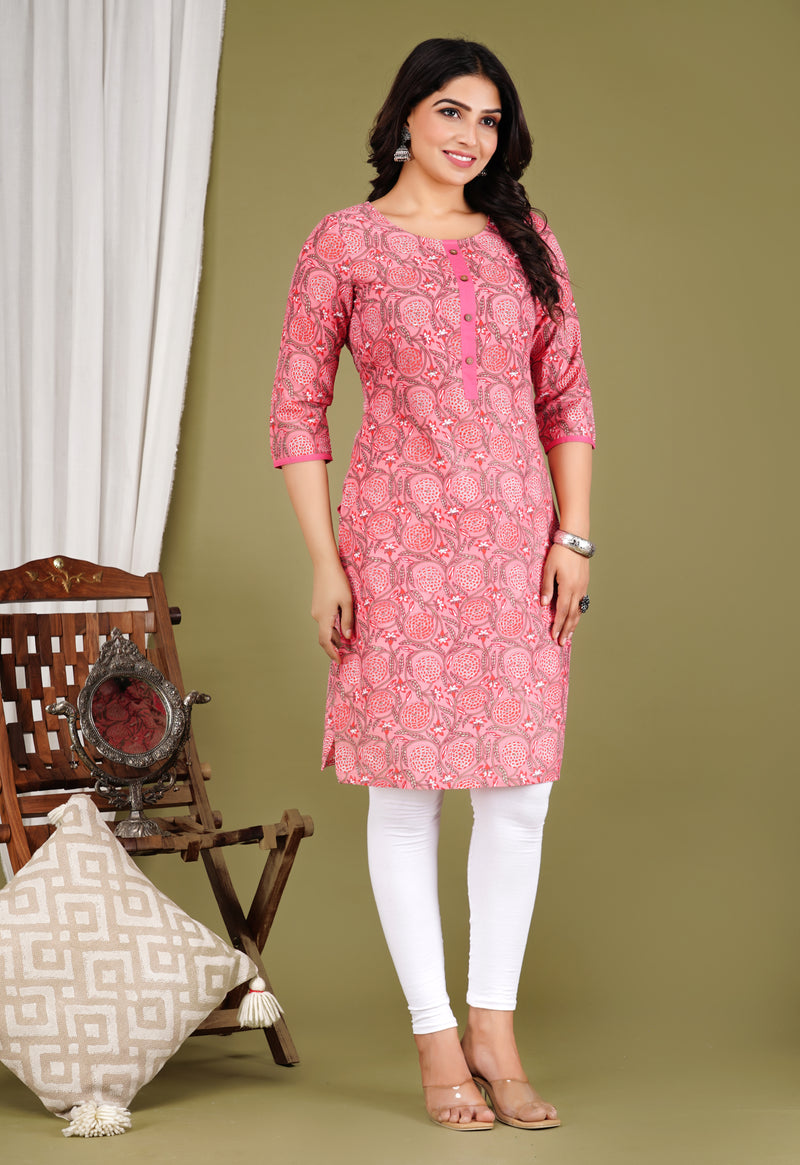 Pink Printed Cotton Long Kurta for Women