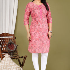 Pink Printed Cotton Long Kurta for Women