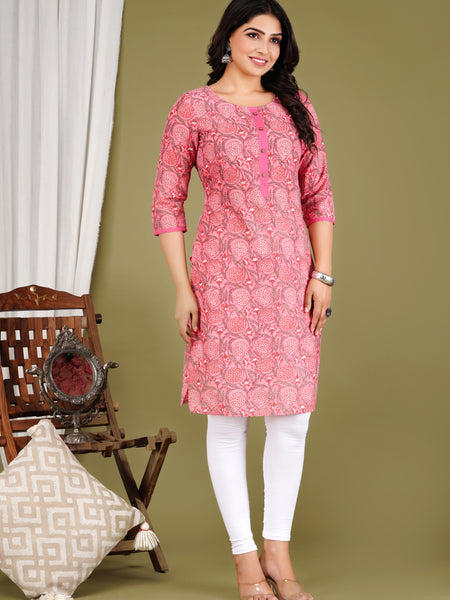 Pink Printed Cotton Long Kurta for Women