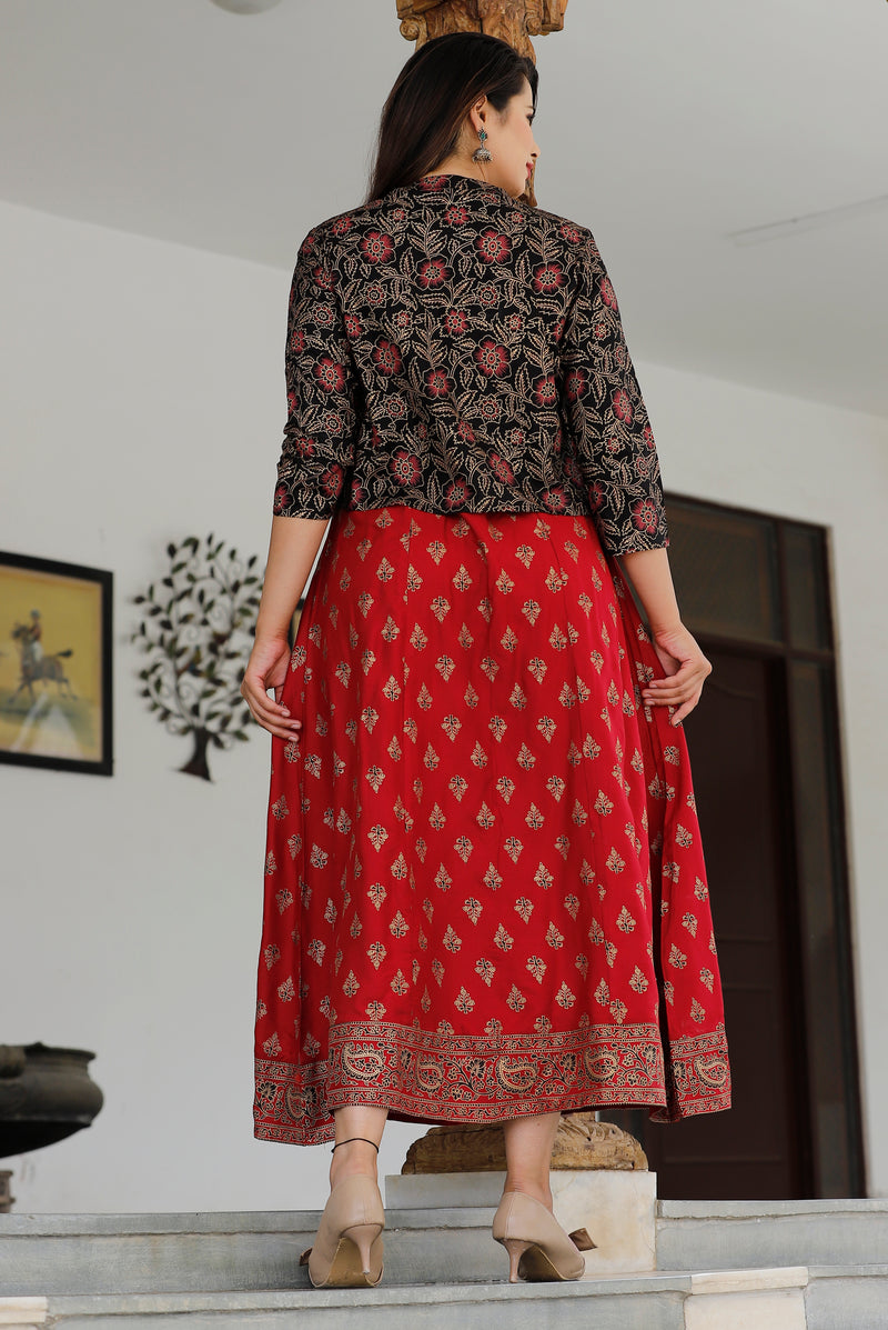 Red Printed Rayon Flared Dress for Women