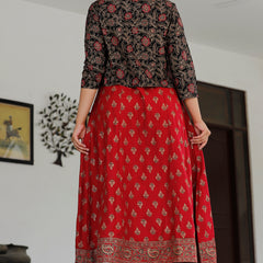 Red Printed Rayon Flared Dress for Women