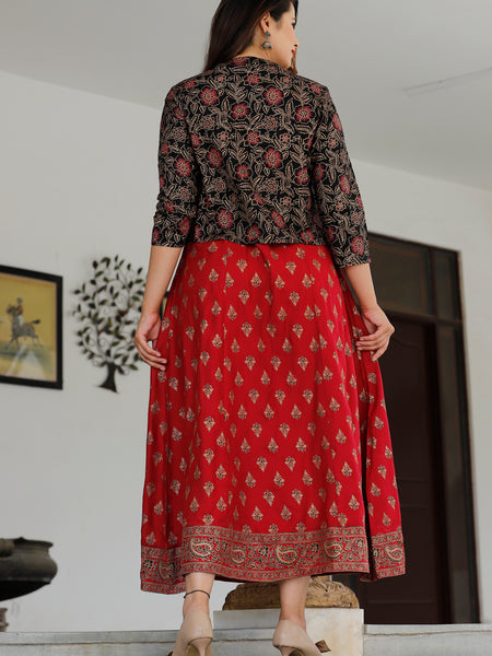 Red Printed Rayon Flared Dress for Women