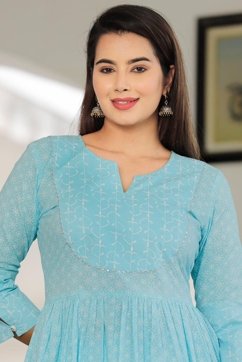 Sky Blue Printed Cotton Flared Dress for Women