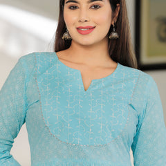 Sky Blue Printed Cotton Flared Dress for Women