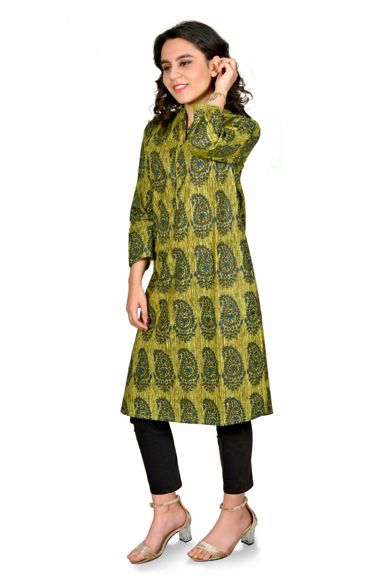 Green Printed Cotton Long Kurta for Women
