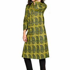 Green Printed Cotton Long Kurta for Women