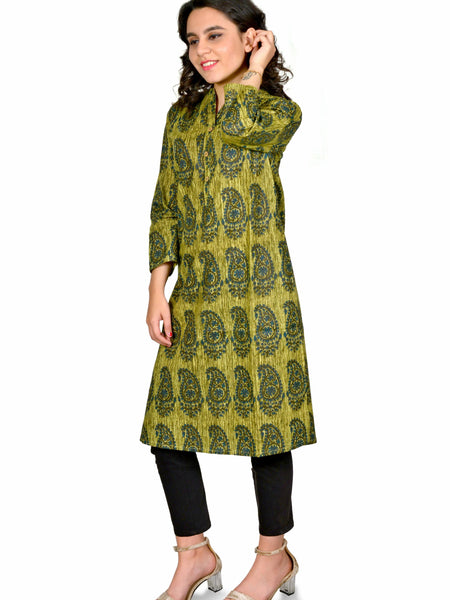 Green Printed Cotton Long Kurta for Women