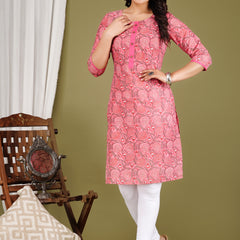 Pink Printed Cotton Long Kurta for Women
