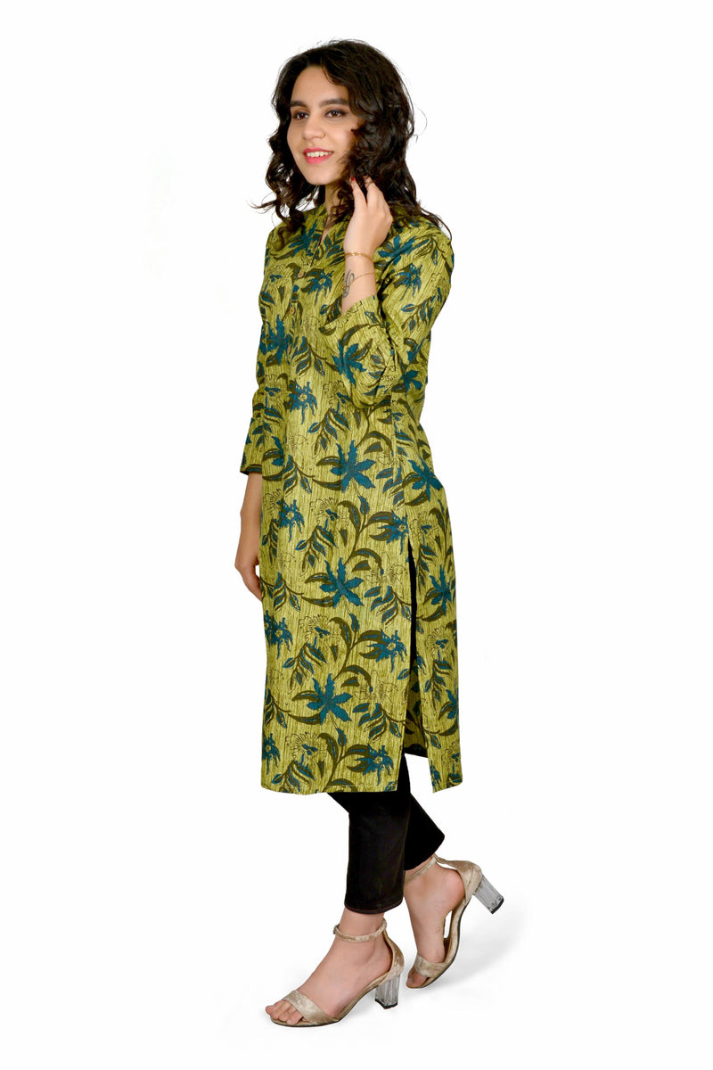 Green Printed Cotton Long Kurta for Women