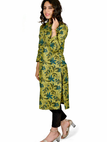 Green Printed Cotton Long Kurta for Women