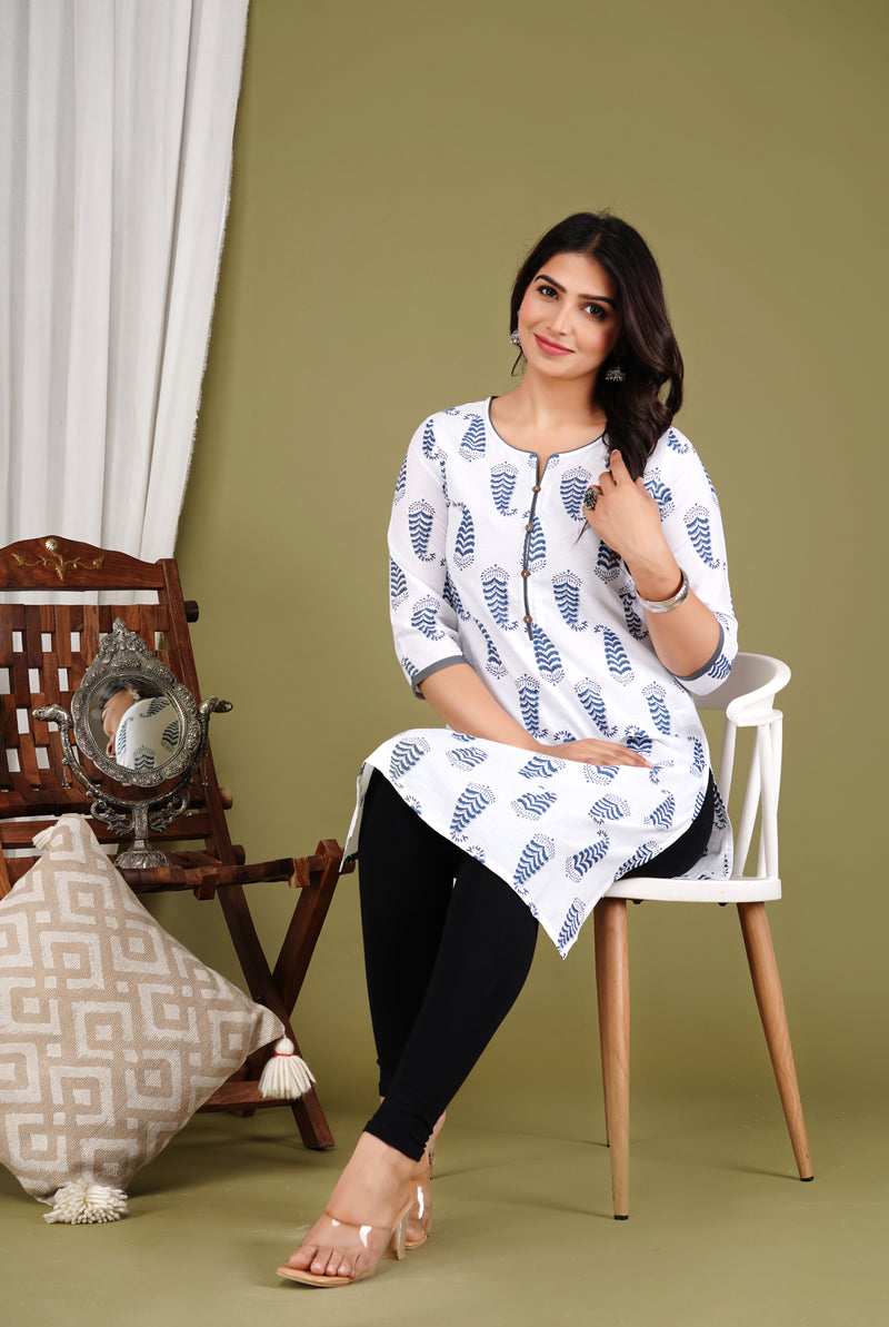 White Printed Cotton Long Kurta for Women