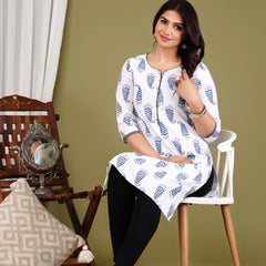 White Printed Cotton Long Kurta for Women