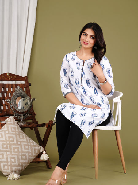 White Printed Cotton Long Kurta for Women