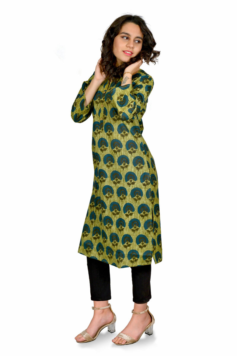 Women Olive Green Printed Cotton Kurta