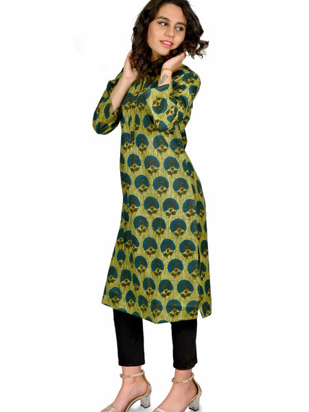 Women Olive Green Printed Cotton Kurta