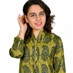Green Printed Cotton Long Kurta for Women