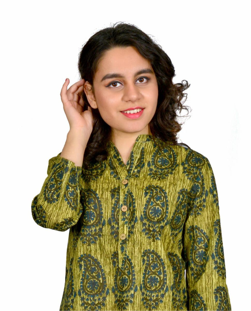 Green Printed Cotton Long Kurta for Women