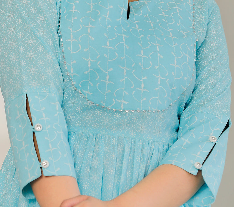 Sky Blue Printed Cotton Flared Dress for Women
