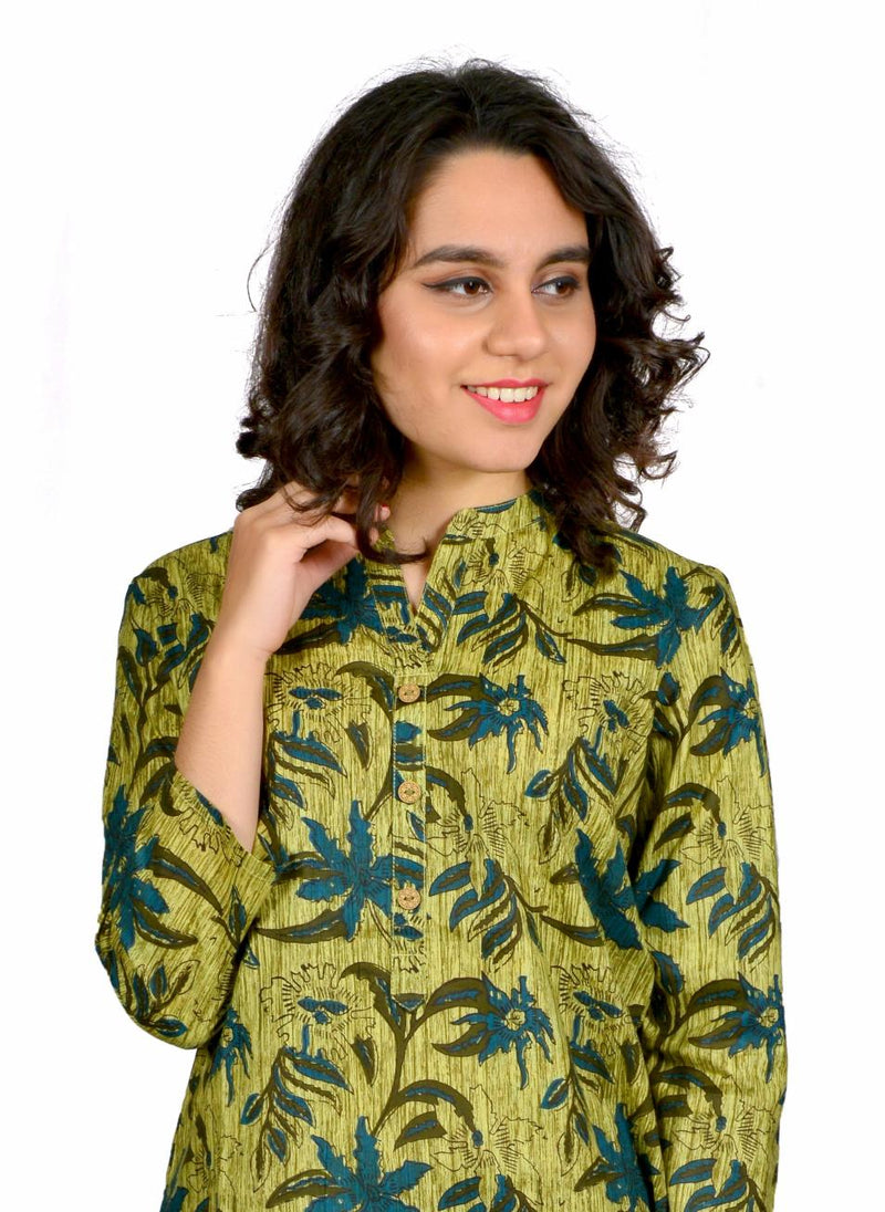 Green Printed Cotton Long Kurta for Women