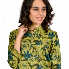 Green Printed Cotton Long Kurta for Women