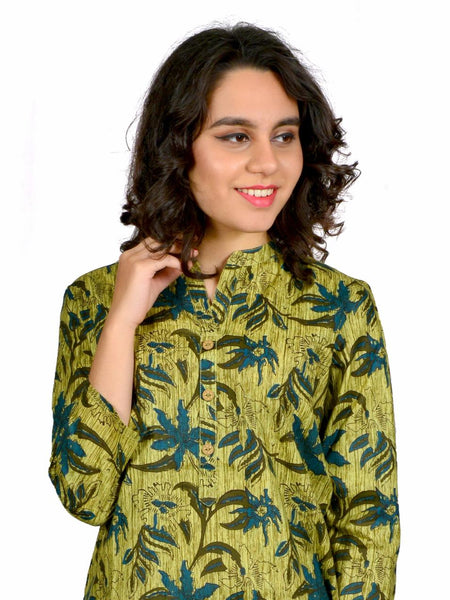 Green Printed Cotton Long Kurta for Women