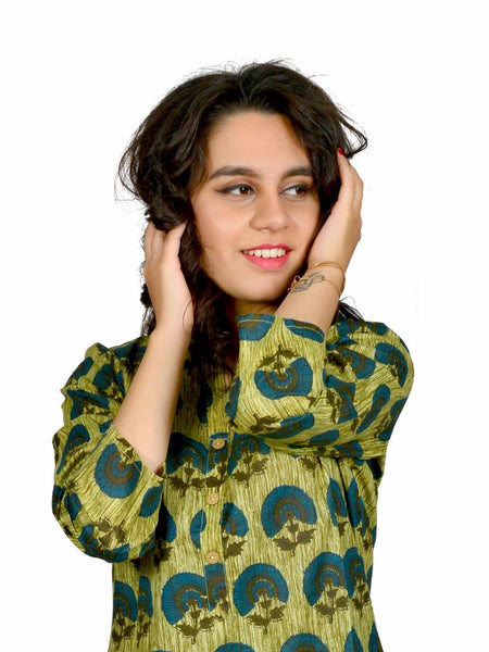 Women Olive Green Printed Cotton Kurta