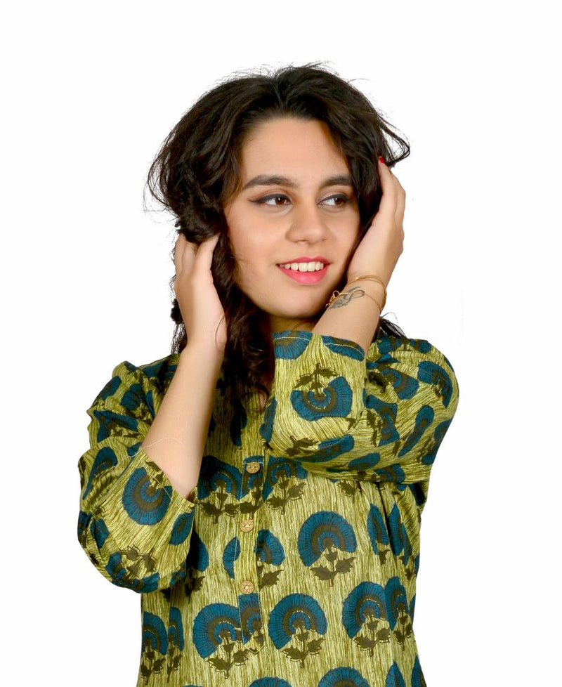 Women Olive Green Printed Cotton Kurta