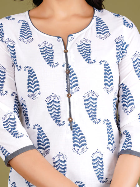 White Printed Cotton Long Kurta for Women