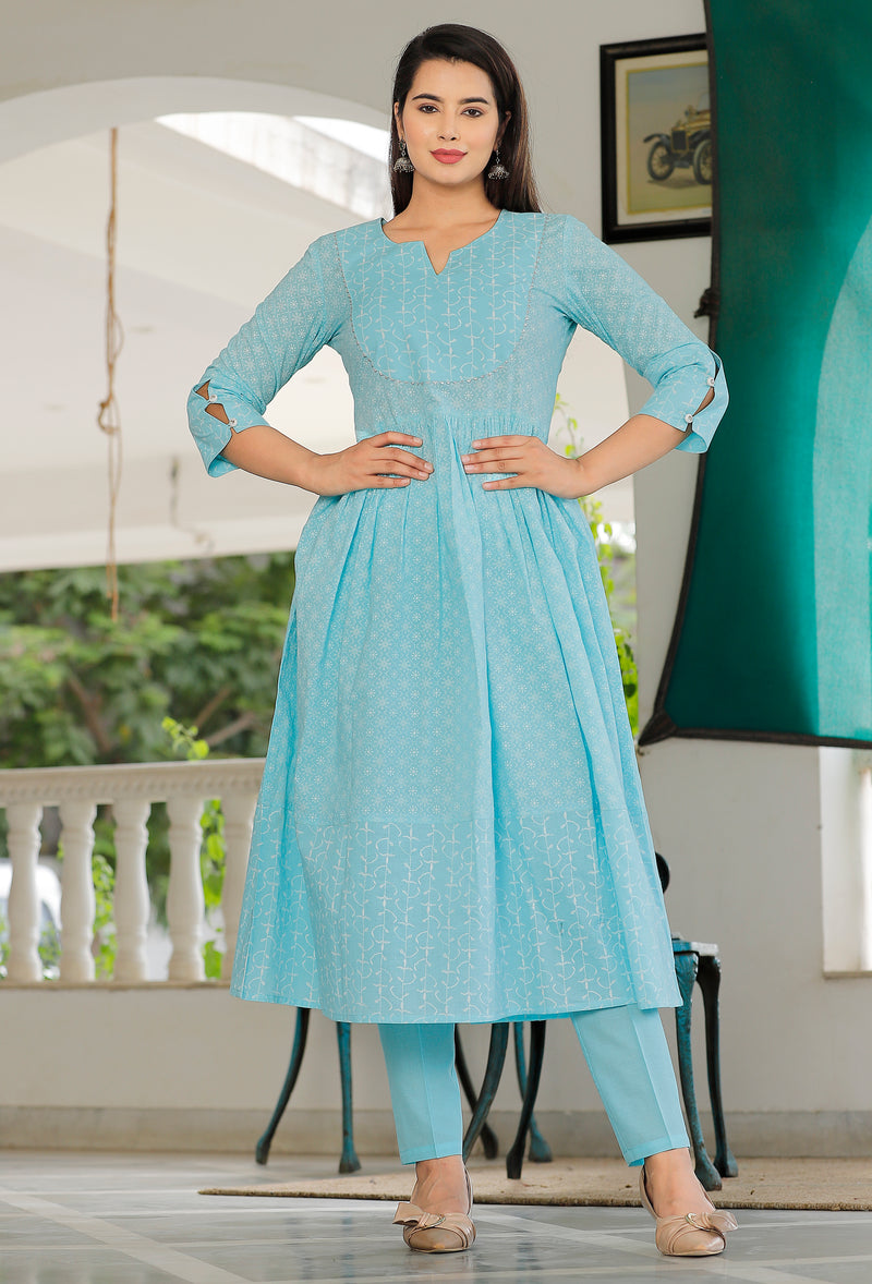 Sky Blue Printed Cotton Flared Dress for Women