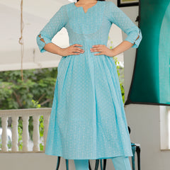 Sky Blue Printed Cotton Flared Dress for Women