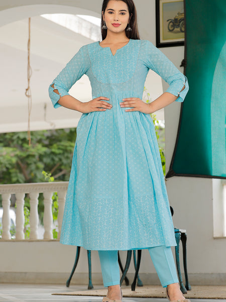 Sky Blue Printed Cotton Flared Dress for Women