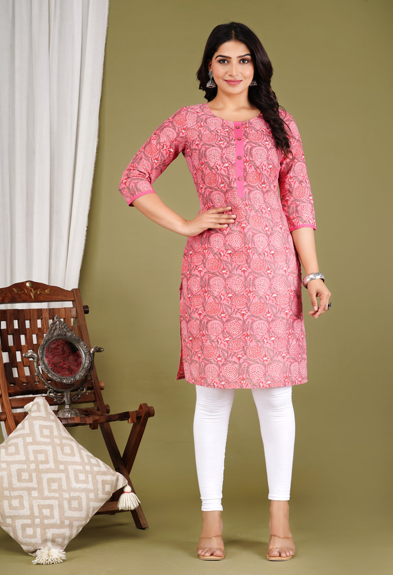 Pink Printed Cotton Long Kurta for Women