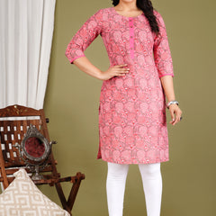 Pink Printed Cotton Long Kurta for Women